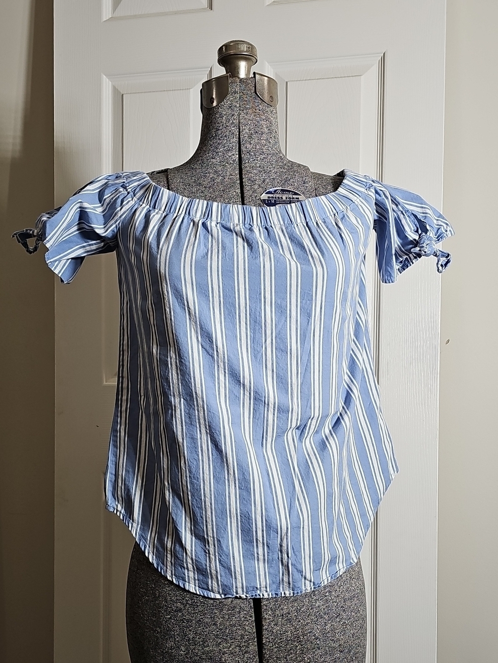 Charlotte Russe Blue White Striped Off Shoulder Tie Sleeve Cotton Top Size XS